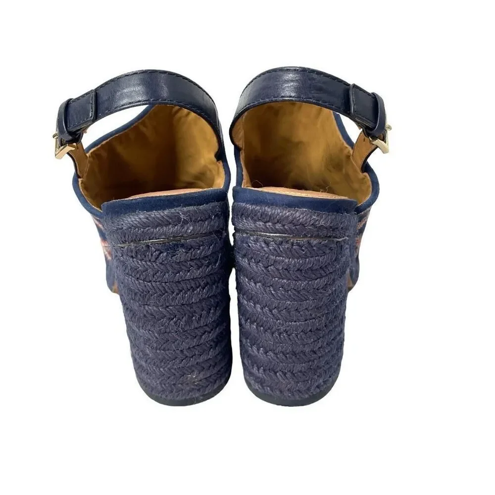 Tory Burch Trinity suede embroidered block heel‎ sandals heels Size 8.5 blue